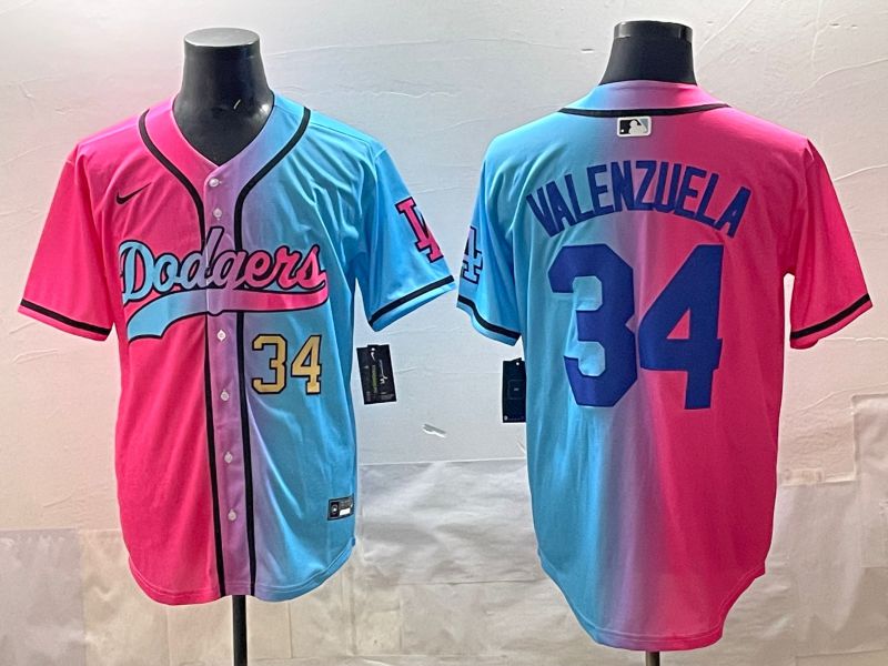 Men 2025 Los Angeles Dodgers 34 Valenzuela Blue pink Game Nike MLB Jersey style 05